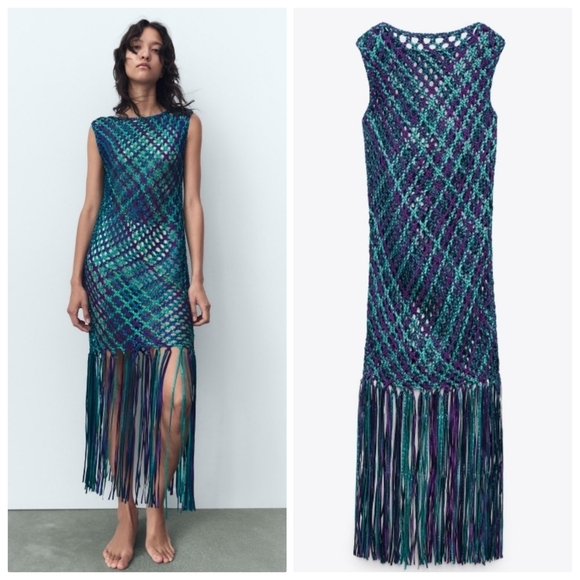 New Zara Satin Effect Woven Braided Fringe Blue Dress/Swim Cover-Up Blogger Fav - Picture 1 of 15